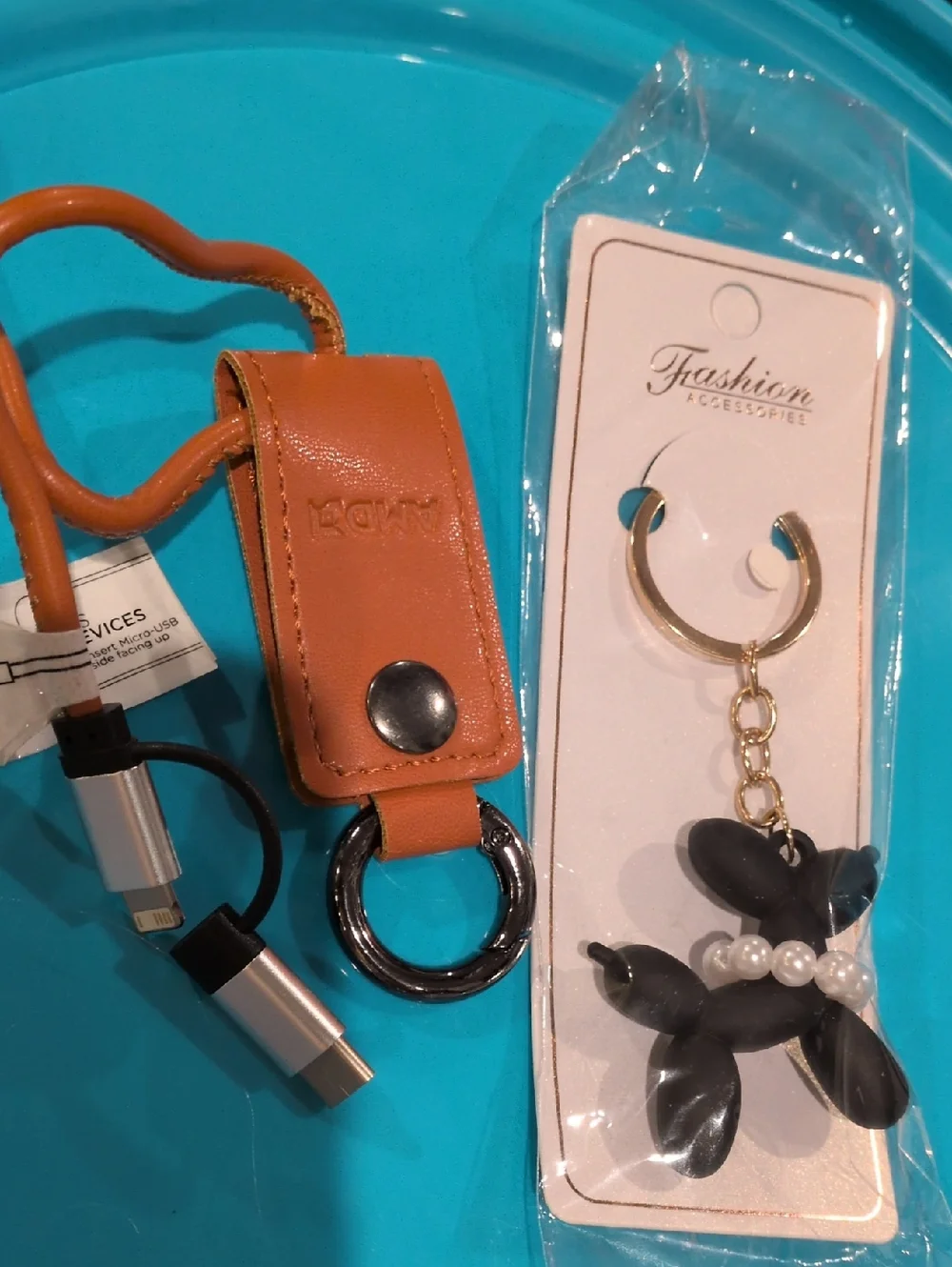 Brown Leather Keychain USB Charging Cable with Key Ring